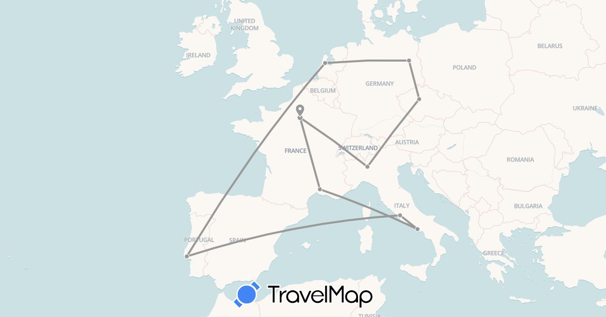 TravelMap itinerary: plane in Czech Republic, Germany, France, Italy, Netherlands, Portugal (Europe)